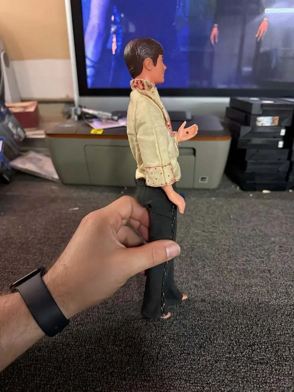 Vintage 1980s Mattel Ken Doll with Floral Embroidered Shirt and Black Trousers